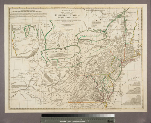 Bowles's new pocket map of the following Independent States of North America : viz. Virginia, Maryland, Delaware, Pensylvania, New Jersey, NewYork, Connecticut & Rhode Island ; comprending also the habitations & hunting countries of the Confederate Indians / by Lewis Evans. Printed for the proprietor Carington Bowles, No. 69 in St. Pauls Church Yard, London