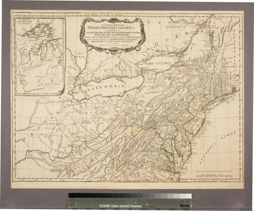 A general map of the middle British Colonies, in America : containing Virginia, Maryland, the Delaware Counties, Pennsylvania and New Jersey ; with the addition of NewYork and of the greatest part of New England, as also of the bordering parts of the Province of Quebec, improved from several surveys made after the late war, and corrected from Governor Pownall's late map of 1776