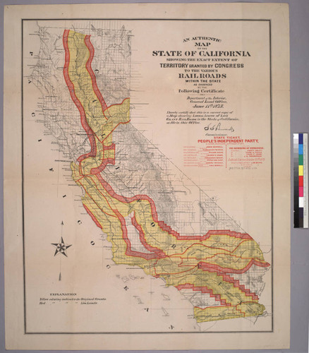 An authentic map of the state of California showing the exact extent of territory granted by Congress to the various railroads within the state as evidenced by the following certificate. Department of the Interior, General Land Office, June 11, 1875