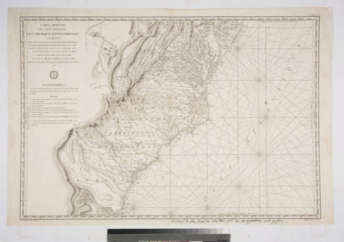 Carte Réduite des côtes Orientale de l'Amérique Septentrionale contenant Partie du Nouveau Jersey, la Pen-sylvanie, le Mary-land, la Virginie, la Caroline Septentrionale, la Caroline Méridionale et la Georgie, Assujettie aux Observations les plus récentes et aux Cartes de détail le plus estimées. Dressée au Dépot Général des Cartes, Plans et Journaux de la Marine. Pour le Service des Vaisseaux du Roi. Par Ordre de M de Sartine, Conseiller d'Etat, Ministre et Secretaire d'Etat, ayant le Département de la Marine. 1778