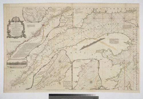 Exact Chart of the River St. Laurence, from Fort Fronteac to the Islands of Anticosti, shewing the Soundings, Rocks, Shoals, &c. with Views of the Lands and all necessary Instructions for navigating the River to Quebec