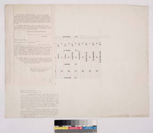 Rancho Cucamonga subdivision map, with George Hansen certification and affixed blank legal document of July 1893