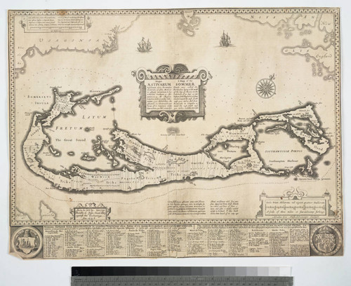 Mappa Aestivarum Insularum alias Bermudas dictarum : ad ostia Mexicani aestuarij iacentium in latitudine graduum 32: minutorum 25 ; ab Anglia, Londino scilicet versus libonotum 3300 miliaribus anglicanis ; et a Roanoack (qui locus est in Virginia) versus euro-notum 500 mil.; accurate descr