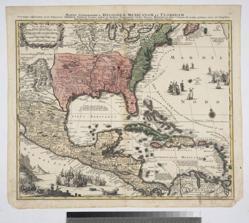 Mappa geographica regionem Mexicanam et Floridam : terrasque adjacentes ut et anteriores Americae Insulas; cursus itidem et reditus navigantium versus flumen Missisipi et alias colonias ob oculos ponens ; cura et sumptibus / Matthaei Seutteri, S. Caes. et Reg. Cath. Maj. Geographi et Chalcographi