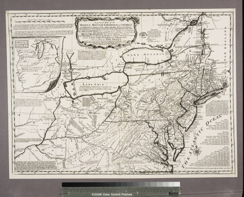 A general map of the middle British Colonies, in America : viz Virginia, Maryland, Delaware, Pensilvania, New-Jersey, New-York, Connecticut, and Rhode Island ; of Aquanishuonigy the country of the Confederate Indians, comprehending Aquanishuonigy proper, their places of residence, Ohio and Thuchsochruntie their deer hunting countries, Couchsahrage and Skaniadarade, their beaver-hunting countries ; of the Lakes Erie, Ontario and Champlain, and of part of New-France ; wherein is also shewn the antient and present seats of the Indian Nations ; carefully copied from the original publish'd at Philadelphia / by Mr. Lewis Evans 1755, with some improvements by I. Gibson