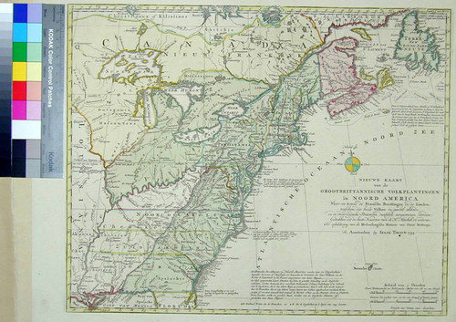 Nieuwe Kaart van vde Grootbrittannische Volkplantingen in Noord America Waar in tevens de Fransche Bezittingen en de Landen, tusschen die beide Volken in geschil staande en de wederzydsche Pretensien duidelyk aangewesen worden. Getrokken uit de beste Kaarten van de Hr. Mitchell en anderen. Ter opheldering van de Hedendaagsche Historie van Groot Briottanie. Te Amsterdam by Isaak Tirion 1755