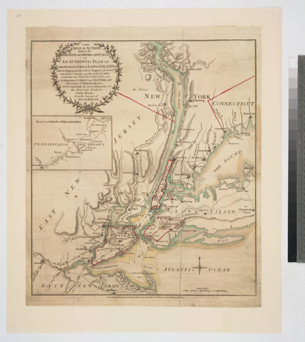 The seat of action between the British and American forces or an authentic plan of the western part of Long Island with the engagement of the 27th. August 1776. between the King's Forces and the Americans: containing also Staten Island, and the environs of Amboy and New York, with the course of Hudsons River, from Courtland the Great Magazine of the American Army, to Sand Hook / from the surveys of Major Holland