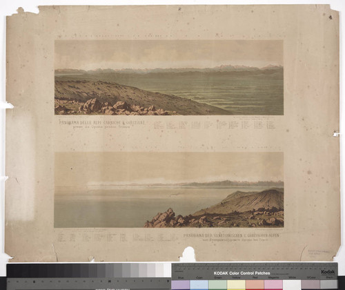 Panorama delle Alpi carniche e goriziane preso da Opcina presso Trieste Panorama der venetianischen u. görzischen Alpen vom Triangulirungspuncte Opcina bei Triest