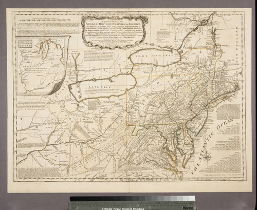 A general map of the middle British Colonies, in America : viz. Virginia, Maryland, Delaware, Pensilvania, New-Jersey, New-York, Connecticut, and Rhode-Island ; of Aquanishuonigy the country of the Confederate Indians, comprehending Aquanishuonigy proper, their places of residence, Ohio and Thuchsochruntie their deer hunting countries, Couchsahrage and Skaniadarade, their beaver-hunting countries ; of the Lakes Erie, Ontario and Champlain, exhibiting the antient and present seats of the Indian Nations / published by Mr. Lewis Evans at Philadelphia ; corrected and improved with the additions of the line of forts on the back settlements, by Thos. Jefferys Geographer to the King