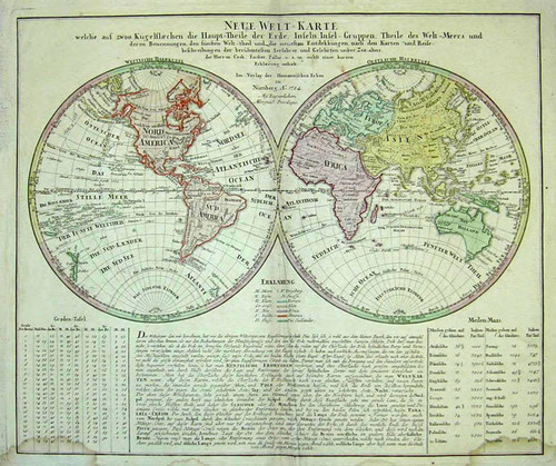 Neue Welt-Karte welche auf zwoo Kugelflaechen die Haupt-Theile der Erde, Inseln, Insel-Gruppen, Theile des Welt-Meers und deren Benennungen, den fünften Welt-Theil und die neuesten Entdekkungen, nach den Karten und Reise-Beschreibungen der berühmtesten Seefahrer und Gelehrten unsres Zeit-Alters, der Herren Cook, Forster, Pallas, u.a.m. nebst einer kurzen Erklaerung enthaelt