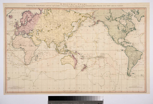 General Chart exhibiting the Discoveries made by Captain James Cook in this and his Two Preceeding Voyages, with the tracks of the Ships under his command, by Lieut't Roberts of His Majesty's Royal Navy