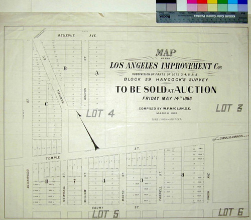 Map of the Los Angeles Improvement Co's subdivision of parts of lots 3, 4, 5 & 6, Block 39 Hancock's Survey, to be sold at auction Friday May 14th 1886 / compiled by W.F. McClun, C.E