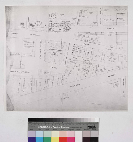 Map of the old portion of the city surrounding the plaza, showing the old plaza church, public square, the first gas Plant and adobe buildings