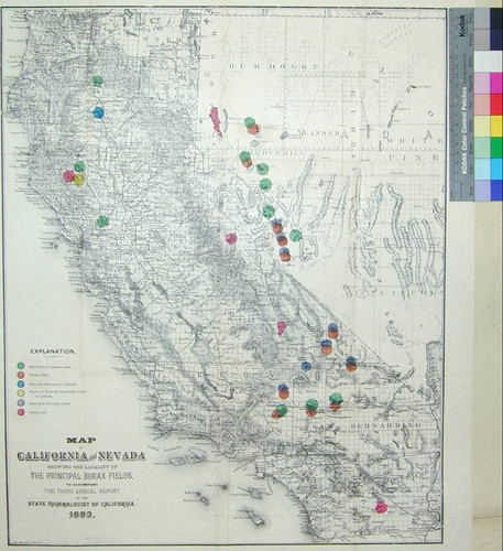 Map of California and Nevada showing the locality of the principal borax fields, to accompany the Third Annual Report of the State Mineralogist of California. 1883