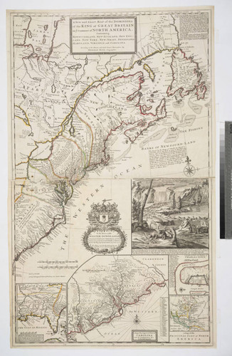 A new and exact map of the dominions of the King of Great Britain on ye continent of North America : containing Newfoundland, New Scotland, New England, New York, New Jersey, Pensilvania, Maryland, Virginia and Carolina ; according to the newest and most exact observations / by Herman Moll Geographer