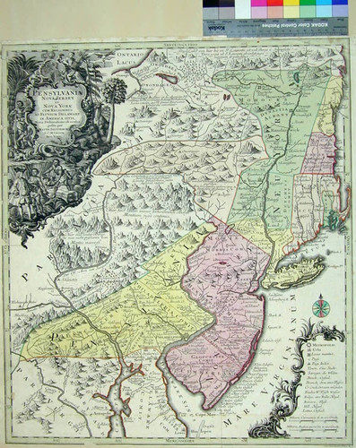 Pensylvania Nova Jersey et Nova York cum regionibus ad Fluvium Delaware in America sitis ; nova delineatione ob oculos posita / per Matth. Seutterum S.C.M