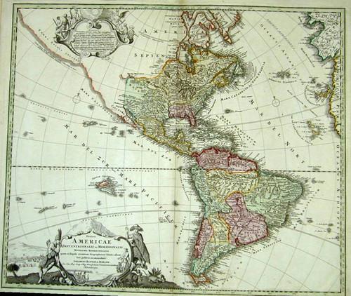 Totius Americae septentrionalis et meridionalis novissima repraesentatio quam ex singulis recentium geographorum tabulis collecta luci publicae accomodavit / Johannes Baptista Homann sac. Caes Maj. Geog. e. Reg. Boruß. Societ Scientiarum membrum Norimbergae