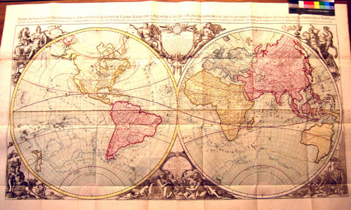 Mappemonde géo-hydrographique ou description générale du globe terrestre et aquatique : en deux plans hémispheres, oú sont exactement remarqués en général toutes les parties de la terre scavoir l'Europe, l'Asie, l'Afrique, l'Amérique Septentrionale, et l'Amérique Méridionale où sont encor remarquées en général toutes les parties de l'eau, scavoir, de l'océan, et de la mer, et les principaux golfes, lacs, destroits, et rivieres, qui sont dans la surface du globe terrestre, suivant les relations le pl. nouvelles / par S. Jaillot, Géogr. Ordne. du Roy