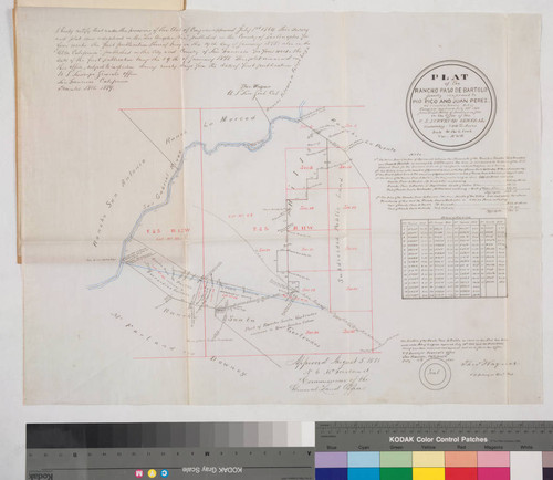 Plat of the Rancho Paso de Bartolo.; finally confirmed to Pio Pico and Juan Perez