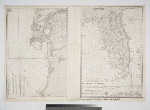 (1) Carte Réduite des Côtes et de l'Interieur de la Presqu'Île de la Floride, avec le Détroit de cette Presqu'Île et le Canal de Bahama. Dresée au Dépot Général des Cartes, Plans et Journaux de la Marine. d'Après differentes Cartes Combinées. Pour le Service des Vaisseaux du Roi. Par Ordre de M. de Sartine Conseiller d'Etat, Ministre et Secrétaire d'Etat ayant de Départment de la Marine. 1780. (2) Carte d'une partie des Côtes de la Floride et de la Louisiane. Contenant le Cours du Mississipi, Depuis ses Embouchures jusqu'à la Riviere Rouge, l'Entrée de la Mobile, et les Baies de Pensacola, de St. Rose et de St. Joseph. D'apres plusieurs Plans Manuscrits, Levés par des Navigateurs et des Ingenieurs Francois. Dresée au Dépot Général des Cartes, Plans et Journaux de la Marine. Pour le Service des Vaisseaux du Roi. Par Ordre de M. de Sartine Conseiller d'Etat, Ministre et Secrétaire d'Etat ayant de Départment de la Marine. 1778