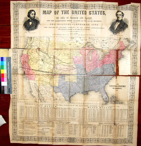 Map of the United States, showing by color the Area of Freedom and Slavery, and the Territories whose Destiny is yet to be decided New York