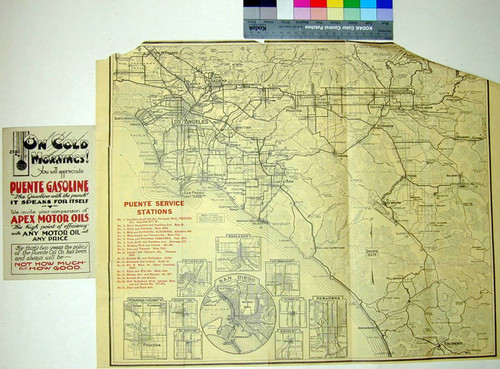 Puente Oil Co's. road map showing the best motor routes in Central and Southern California : compliments of Puente Oil Company Los Angeles