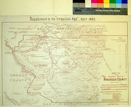 Map of western part of Riverside County, California : showing the relative position of Riverside and other fruit growing centers of Southern California "Irrigation Age" is a monthly journal devoted to the development of arid America
