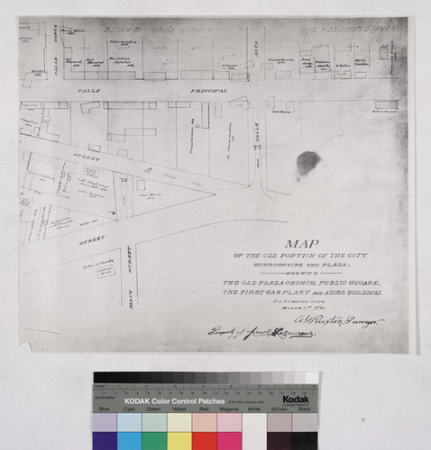 Map of the old portion of the city surrounding the plaza, showing the old plaza church, public square, the first gas Plant and adobe buildings