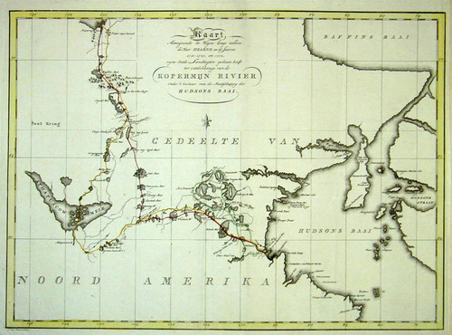 Kaart Aaanwyzende de Wegen langs welken de Heer Hearne in de Jaaren 1770,1771, en 1772, zyne beide Landtogten gedaan heeft ter ontdekkinge van de Kopermijn Rivier onder't bestuur van de Maatschappy der Hudson's Baai