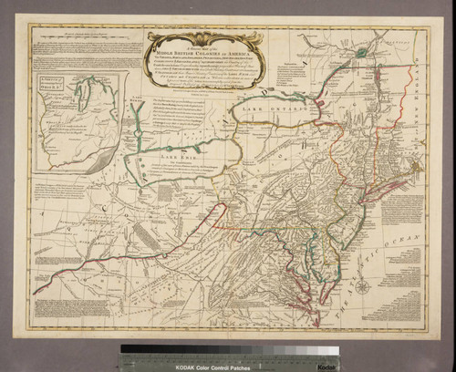 A general map of the middle British Colonies, in America : viz. Virginia, Maryland, Delaware, Pensilvania, New-Jersey, New York, Connecticut & Rhode Island ; of Aquanishuonigy the country of the Confederate Indians comprehending Aquanishuonigy proper, their places of residence, Ohio & Thuchsochruntie their deer-hunting countries, Couchsachrage and Skaniadarade, their beaver-hunting countries, of the Lakes Erie, Ontario and Champlain ; wherein is also shewn the antient & present seats of the Indian Nations ; carefully copied from the original publish'd at Philadelphia / by Mr. Lewis Evans