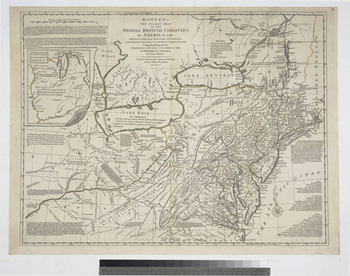 Bowles's new pocket map of the middle British Colonies, in America : viz. Virginia, Maryland, Delaware, Pensylvania, New Jersey, New York, Connecticut & Rhode Island ; comprending also the habitations & hunting countries of the Confederate Indians / by Lewis Evans. Printed for the proprietor Carington Bowles, No. 69 in St. Pauls Church Yard, London