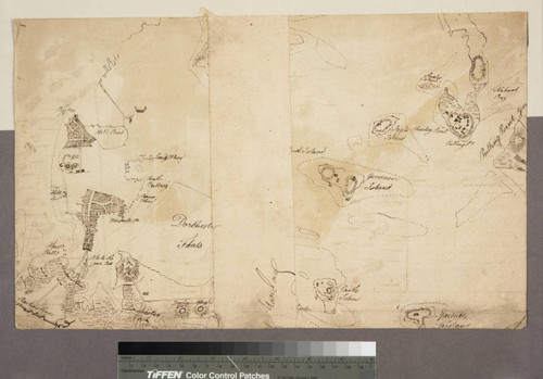 Manuscript map of Boston harbor showing fortifications