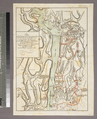 Plan von den Operationen der koeniglichen Armee unter dem General Sir William Howe in Neuyorck und Ost-Neujerseÿ gegen die Americaner unter Comando des General Washington, vom 12. October bis 28. November 1776 : wobeÿ vorzüghlich die Affaire beÿ White Plains am 28. October vorgestellt wird