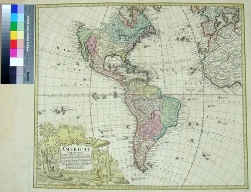 Americae mappa generalis : secundum legitimas projectionis stereographicae regulas relationes que recentissimas et observationes Sociorum. Acad. reg. sequae Parisiis est aliorumque auctorum nec non secundum mentem / D. I.M. Hasii M.P.P. in partes suas methodicas divisa nunc concinnata et delineata ab Aug. Gottl. Boehmio Phil Magistro In lucem proferentibus. Homanniaris Heridibus