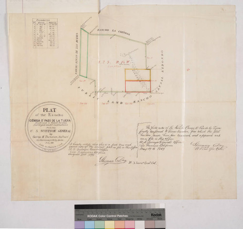 Plat of the Rancho Cienega o Paso de la Tijera confirmed to Tomas Sanchez