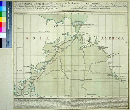 Carte de l'Océan Pacifique au Nord de l'Equateur, et des Côtes qui le bornent des deux côtés: d'apres les dernieres Decouvertes faites par les Espagnols, les Russes et les Anglois, jusqu'en 1780