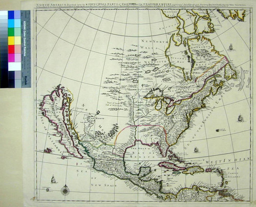 North America Divided into its III Principall Parts 1st English Part viz. English Empire containing the Articklands near Hudsons Bay, New North & South Wales, New Britain N. Foundland N Scotland N England N York N Jarsey Pennsylvania Maryland Virginia Carolina Carolina or Florida California Sommer Is Bahama Is Jamaica & the Carybys Is II Spanish Pt. viz N Spain pt of the Antilles III French Pt. viz N France & Pt of the Cariby Is