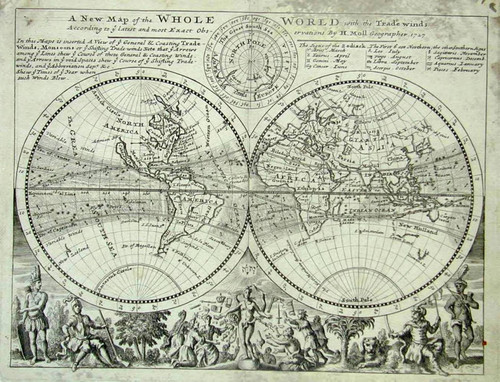 A new map of the whole world with the trade winds according to ye latest and most exact observations by H. Moll, Geographer, 1727