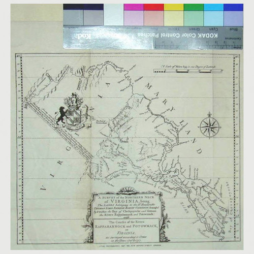 A survey of the northern neck of Virginia, being the lands belonging to the Rt. Honourable Thomas Lord Fairfax Baron Cameron, bounded by & within the Bay of Chesapoyocke and between the Rivers Rappahannock and Potowmack : with the courses of the Rivers Rappahannock and Potowmack, in Virginia as surveyed according to order in the years 1736 & 1737