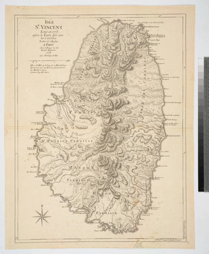Isle St. Vincent Levée en 1773. apres le Traité fait avec les Caraibes. Tradut de l'Anglois. A Paris Chez le Rouge rue des Grands Augustins. 1778. avec Privilege du Roi