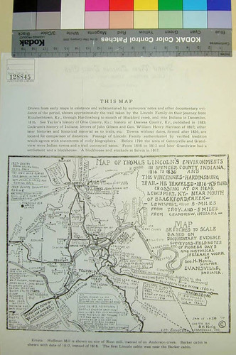 Map of Thomas Lincoln's environments in Spencer County, Indiana, 1816 to 1830 and the Vincennes-Hardinsburg Trail he traveled 1816 - Ky. to Ind. crossing at or near Lewisport. Ky. near mouth of Blackford Creek