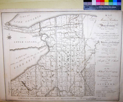Map of Morris's Purchase or West Geneseo in the State of New York: Exhibiting Part of the Lakes Erie and Ontario, the Straights of Niagara, Chautauque Lake, and all the principal Waters, the Boundary lines of the several Tracts of Land purchased by the Holland Land Company, William and John Willink and others, boundary lines of Townships: Boundary lines of New York and Indian Reservations: Laid down from Actual Survey: Also a sketch of part of Upper Canada