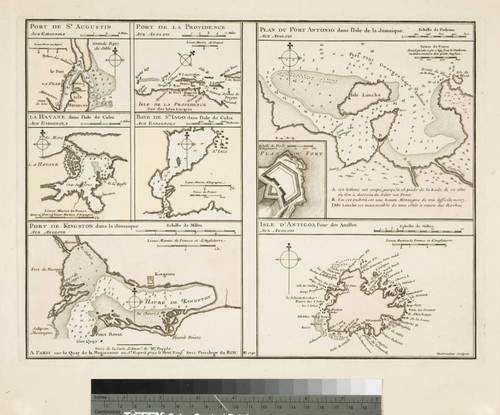 (1) Port de St. Augustin (2) Port de la Providence (3) La Havane dans l'Isle de Cuba (4) Baye de Sn. Iago dans l'Isle de Cuba (5) Port de Kingston dans la Jamaique (6) Plan du Port Antonio dans l'Isle de la Jamaique, with inset Plan du Fort (7) Isle d'Antigoa l'une des Antilles