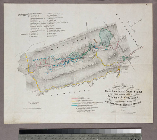 Topographical map of the Cumberland Coal Field : shewing the lines of railway & coal mines and particularly of the Consolidation Coal Co. of Md