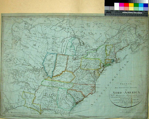 Charte von den vereinigten Staaten von Nord-America nach murdochischer Projection und den neuesten astronomischen Ortsbestimmungen entworfen und gezeichnet von F. L. Güssefeld, 1805 ; nach den Entdeckungen der Hrn. Lewis, Clarke u. Pike berichtigt im Septbr. 1812 und nach der neuesten Staateneintheilung begräntzt im J.1817