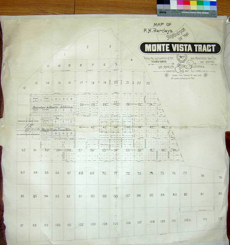 Map of F.H. Barclay's subdivision of the Monte Vista Tract : being the east portion of the Tujunga Rancho, also, Monte Vista town site and addition ; Los Angeles, County, California. Surveyed Aug. 1887 / by L. Friel, C.E