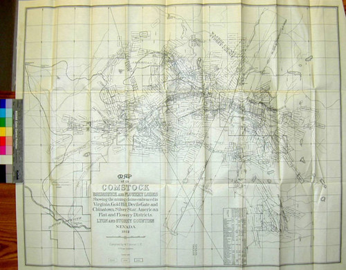 Map of the Comstock Brunswick and Flowery Lodes : showing the mining claims embraced in Virginia, Gold Hill, Devils Gate and Chinatown, Silver Star, American Flat and Flowery Districts. Lyon and Storey Counties Nevada 1923