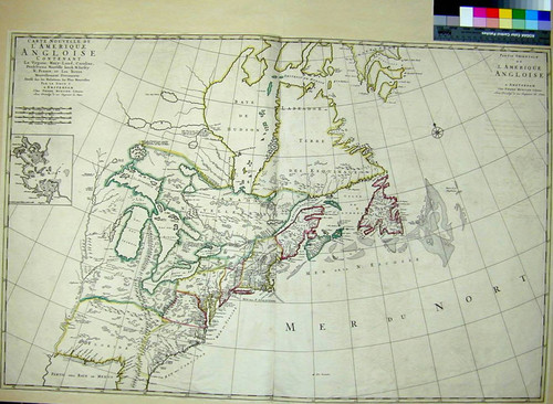 Carte Nouvelle de l'Amerique Angloise Contenant La Virginie, Mary-Land, Caroline, Pensylvania Nouvelle Yorck, N:Jarsey, N:France, et les Terres Nouvellement Decouverte Dresse sur les Relations les Plus Nouvelles