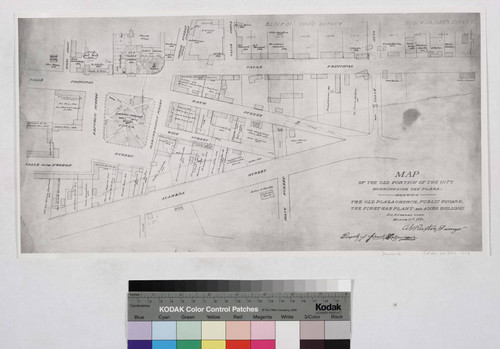 Map of the old portion of the city surrounding the plaza, showing the old plaza church, public square, the first gas Plant and adobe buildings