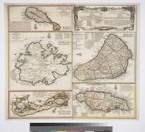 Dominia anglorum in preacipuis insulis Americae : ut sunt insula St. Christophori Antego Jamaica Barbados nec non insulae Bermudos vel Sommer dictae singulari mappa omnia exhibita et edita / ab Homannianus Heredibus. Cum Privil. Sac. Caes. Majestatis